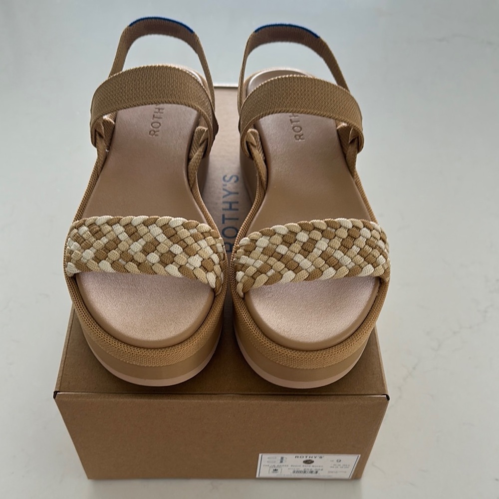 Rothy's Tan and Cream Braided Strap Platform Sandals
